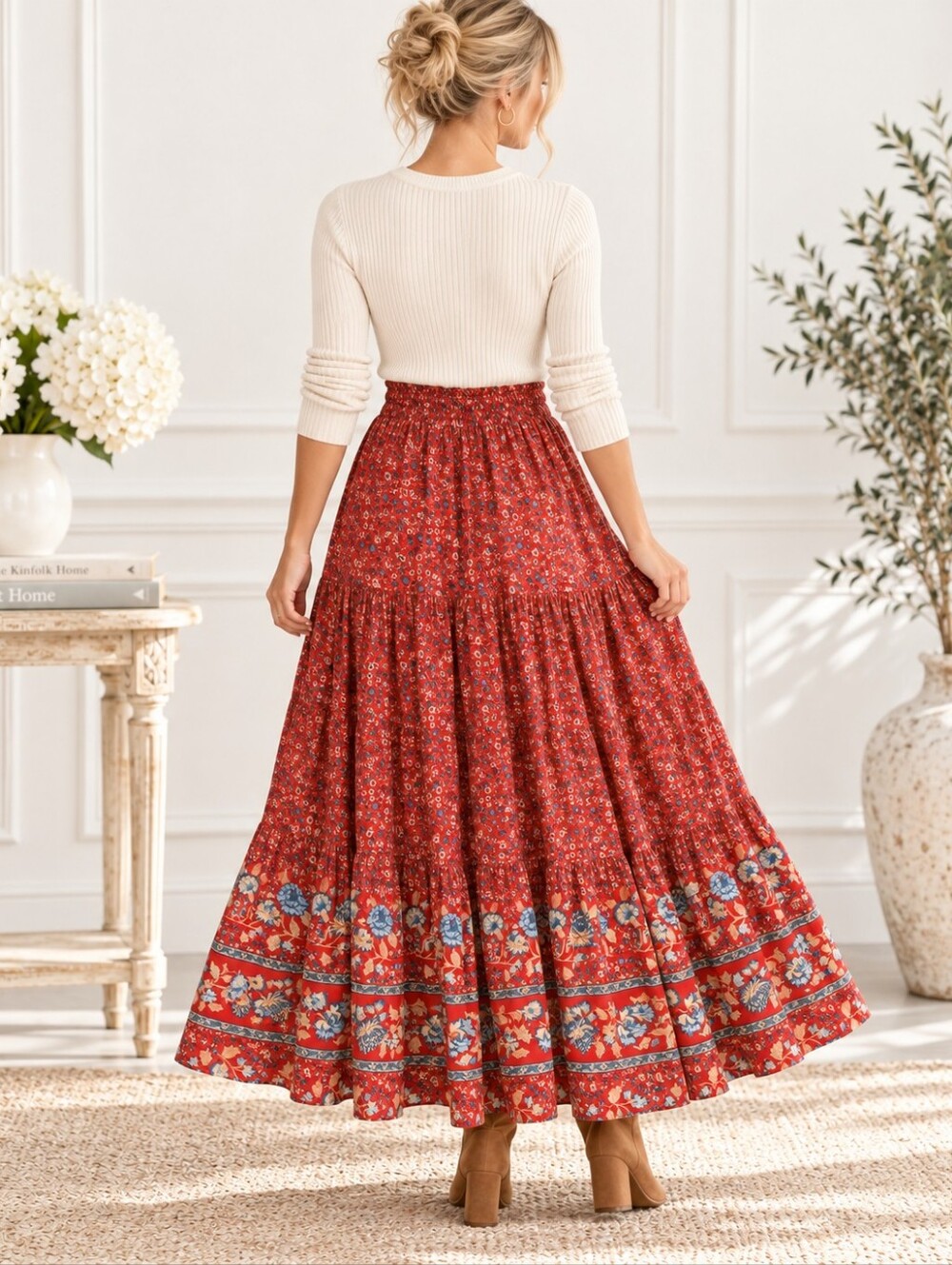 ZESICA NWT Red Floral Border Print Tiered Boho Maxi Skirt | Size XL - Picture 3 of 9